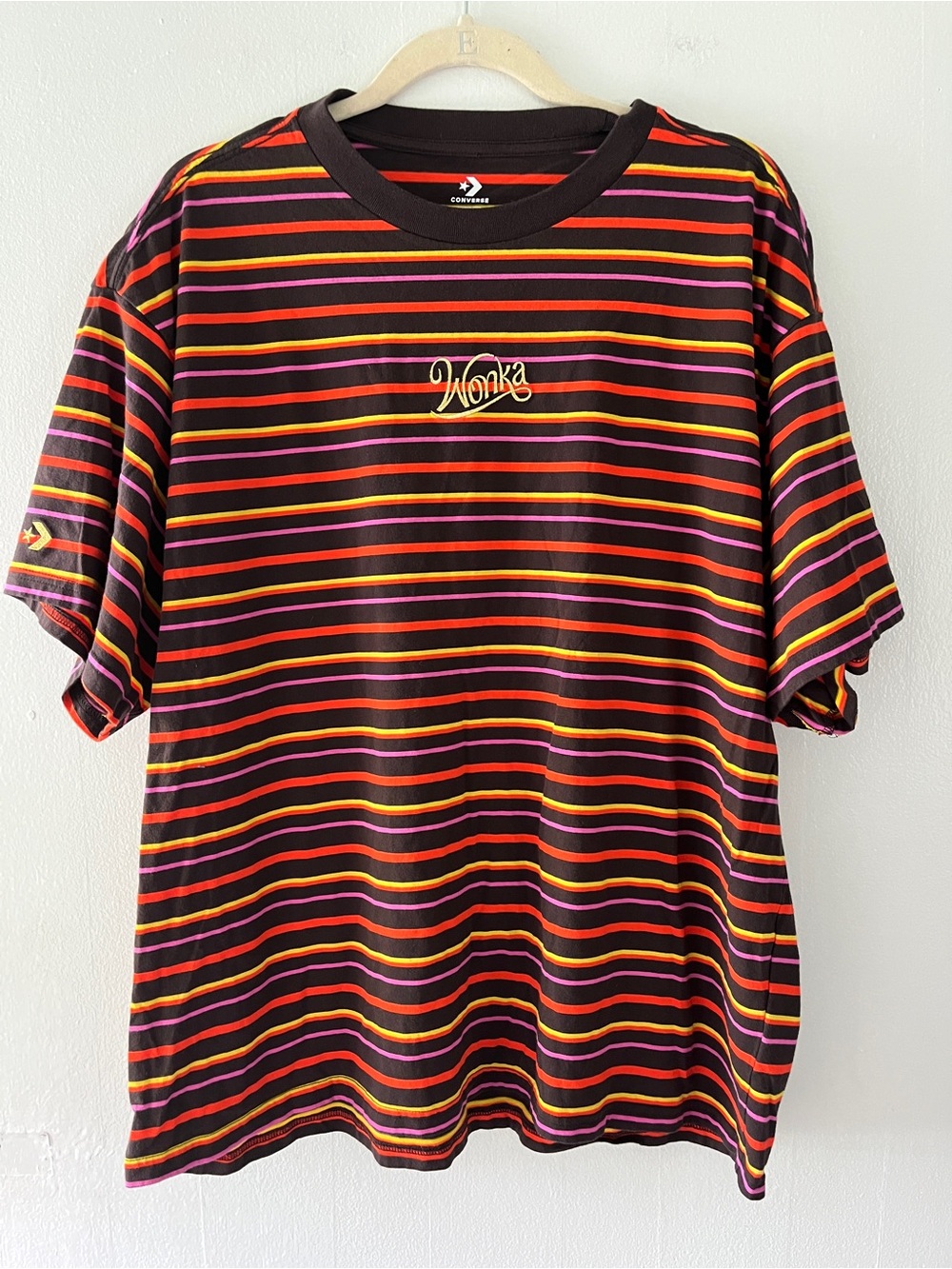 Converse Wonka Black Short-Sleeve Striped Crewneck Tee with Orange & Pink Accent